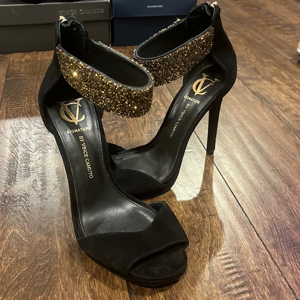 Vince Camuto high heel with dark gold beaded ankle strap